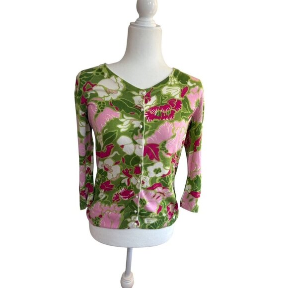 Talbots Green Pink Floral Print Button Down Cardigan Sweater Petite Small - Picture 3 of 8